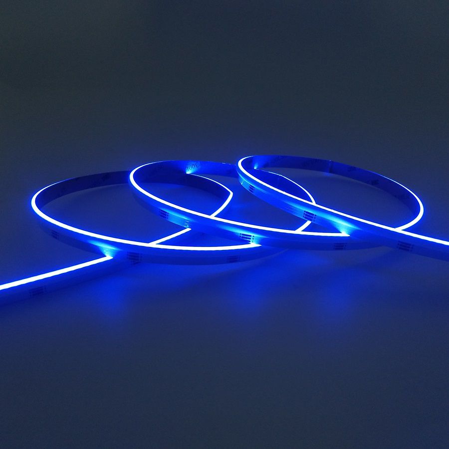 RGB side-emitting COB LED strip emitting continuous blue light